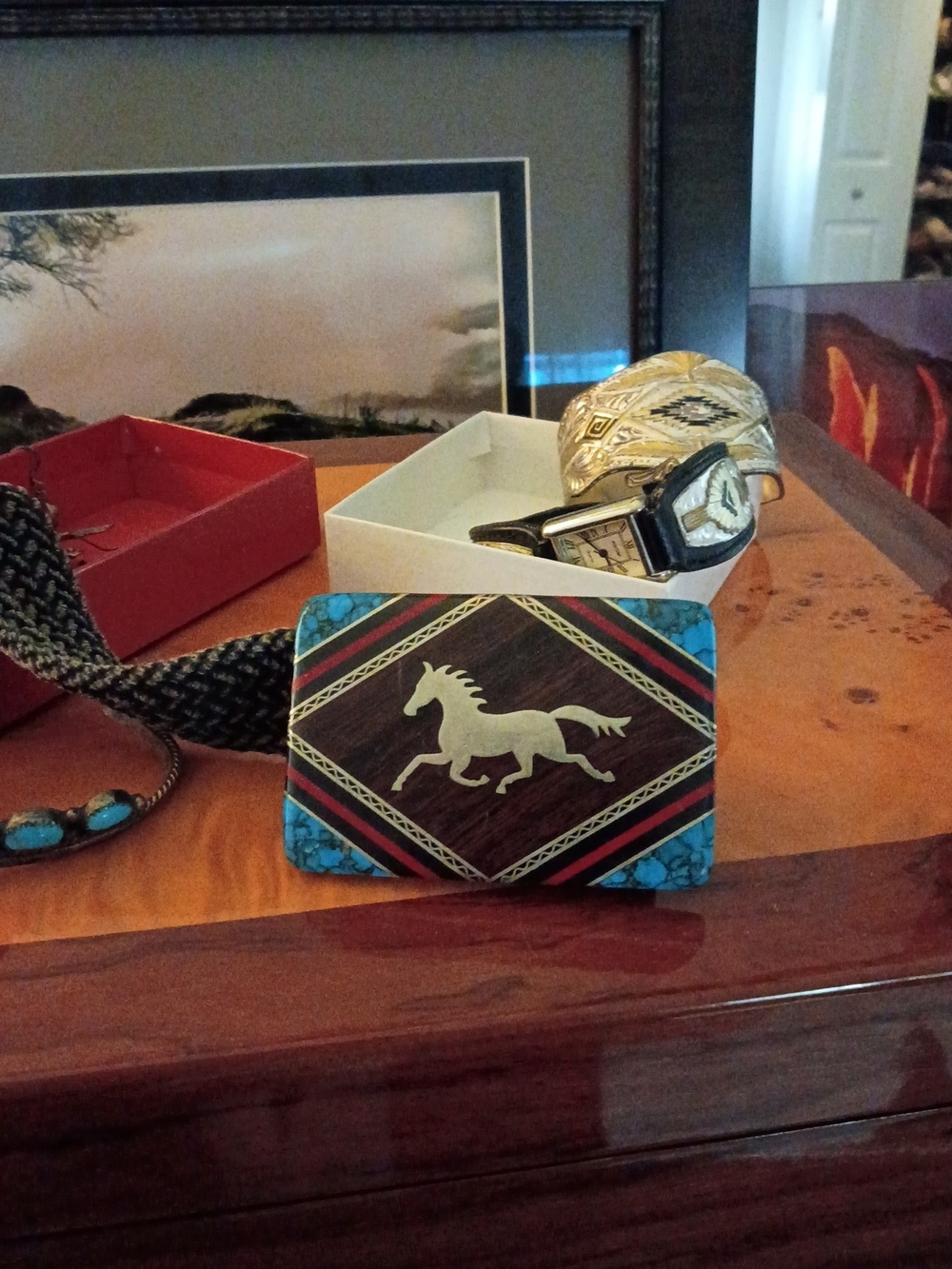 Men's Horse Inlay Belt Buckle - Turquoise & Brown